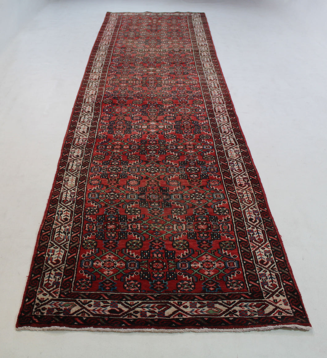Handmade Antique, Vintage oriental Persian Hosinabad rug - 408 X 103 cm