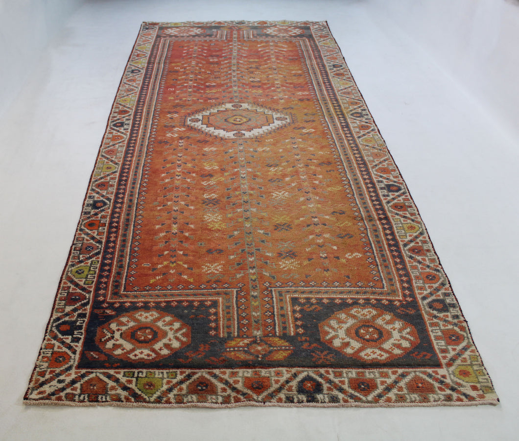 Handmade Antique, Vintage oriental Persian Qashqai rug - 385 X 145 cm