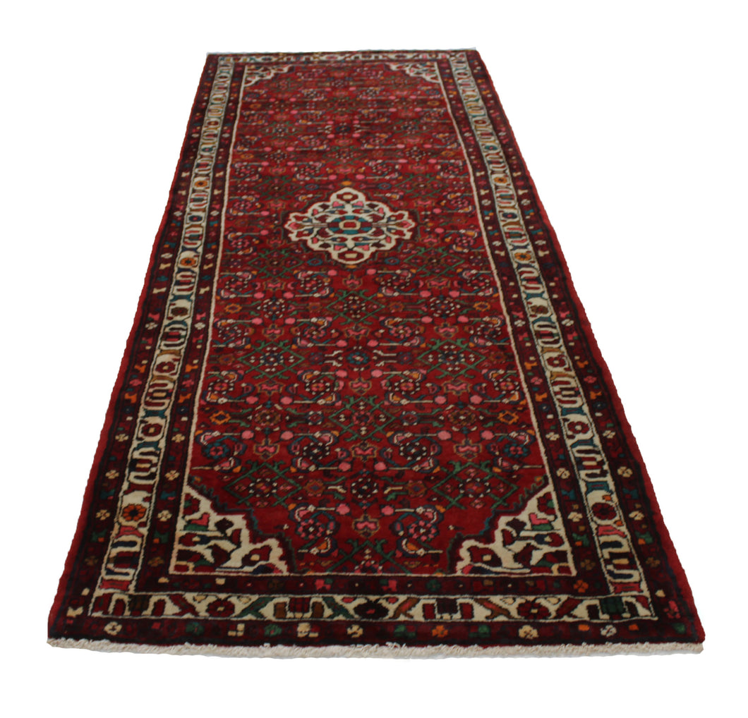 Handmade Antique, Vintage oriental Persian Hosinabad rug - 301X 114 cm