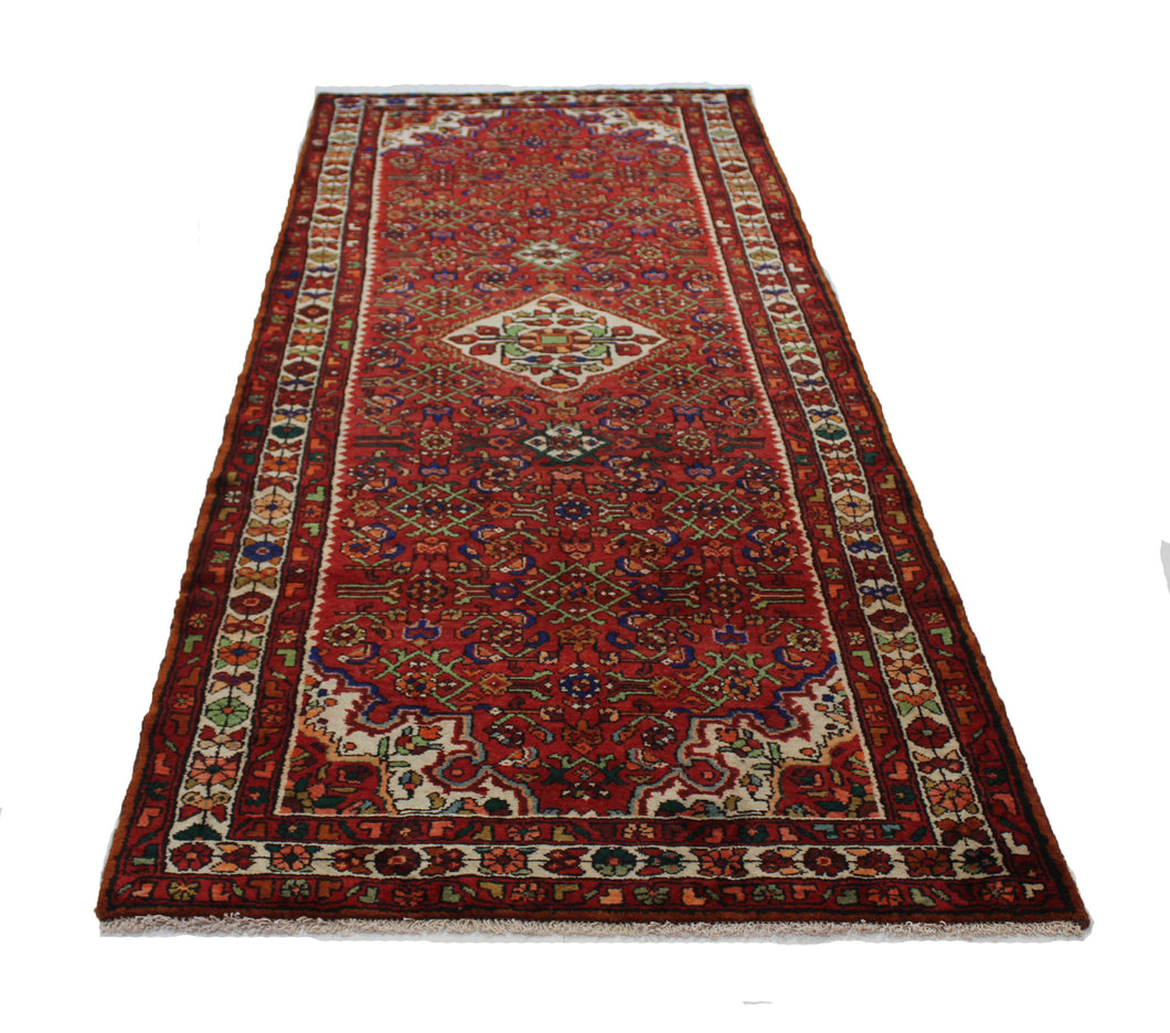 Handmade Antique, Vintage oriental Persian Hosinabad rug - 303 X 113 cm